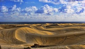 Preview wallpaper desert, traces, sand, sky, clouds