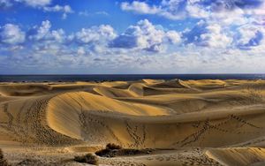 Preview wallpaper desert, traces, sand, sky, clouds