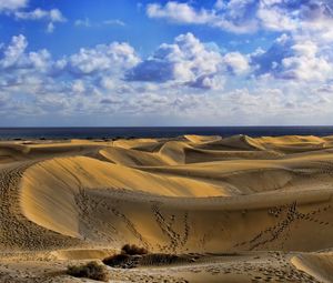 Preview wallpaper desert, traces, sand, sky, clouds