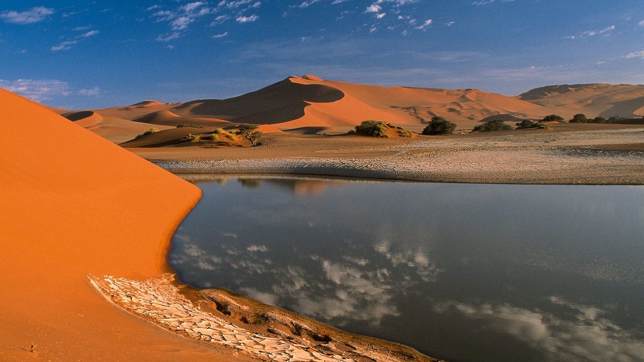 Wallpaper desert, water, sand, sky, reflexion