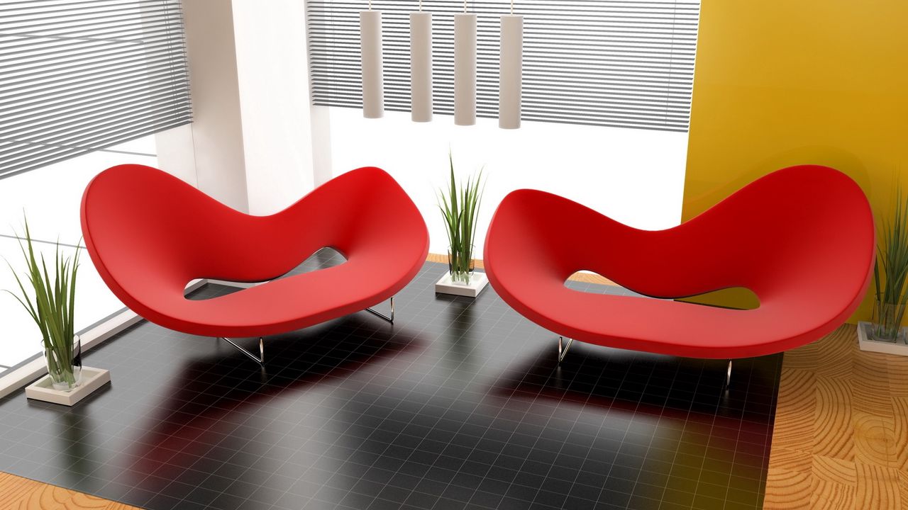 Wallpaper design, interior design, apartment, room, red chair, plants, style, form