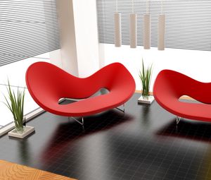 Preview wallpaper design, interior design, apartment, room, red chair, plants, style, form