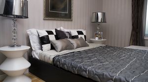 Preview wallpaper design, interior design, house, cell, room, bed, lamp, pillows, style, black and white