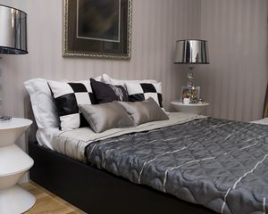 Preview wallpaper design, interior design, house, cell, room, bed, lamp, pillows, style, black and white