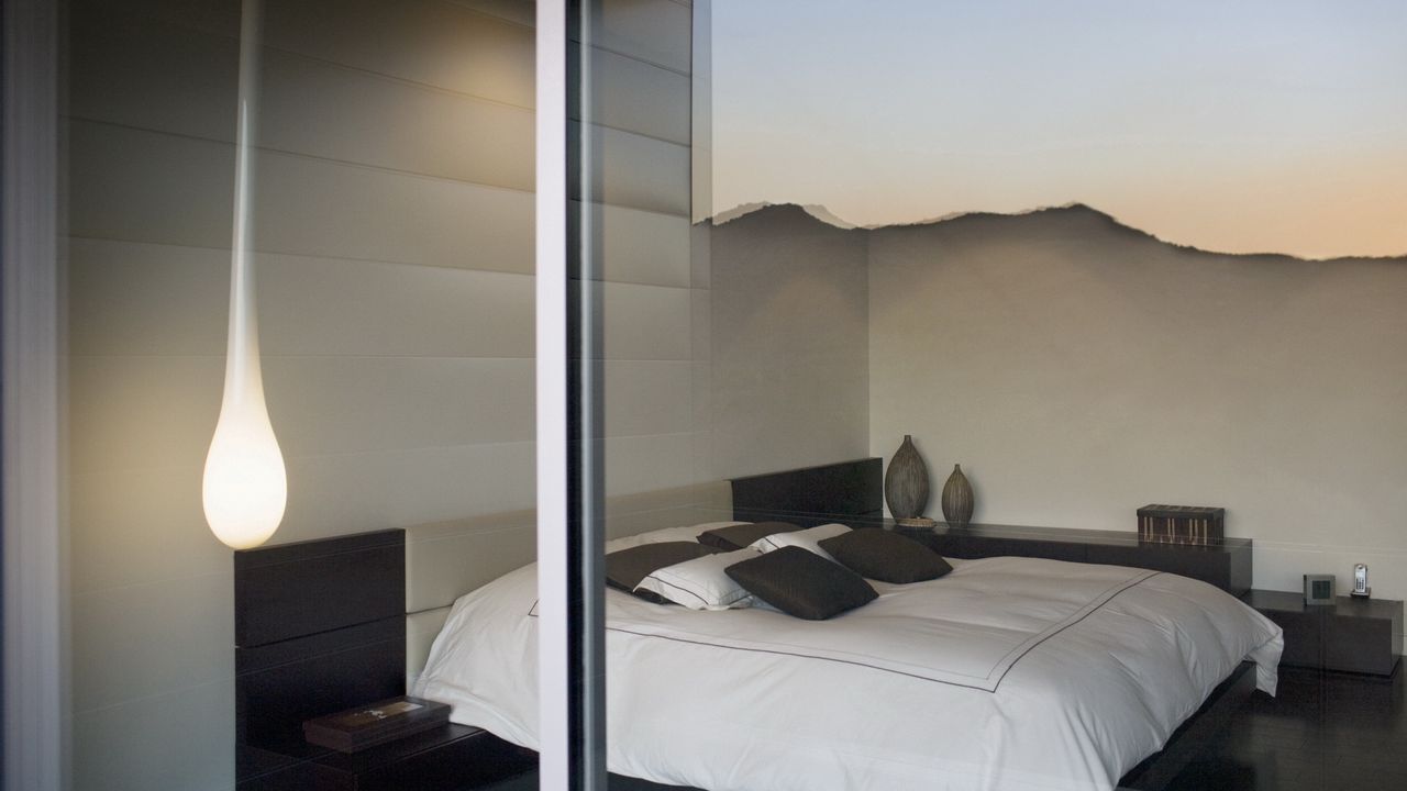 Wallpaper design, interior, room, bed, lamp, window, reflection, bedroom, glass