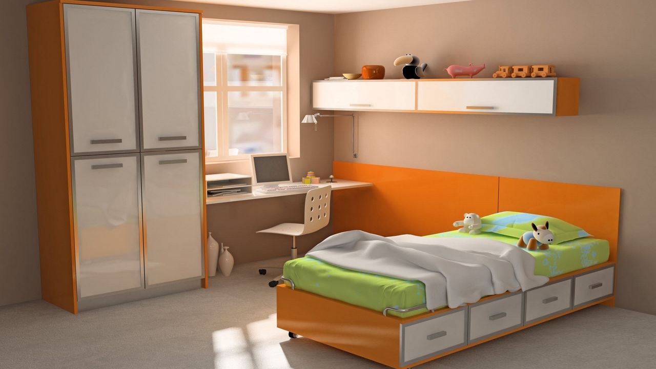 Wallpaper design, toys, interiors, apartment, room, computer, colorful, bed, orange, style, table, wardrobe, bright