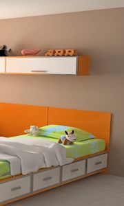 Preview wallpaper design, toys, interiors, apartment, room, computer, colorful, bed, orange, style, table, wardrobe, bright