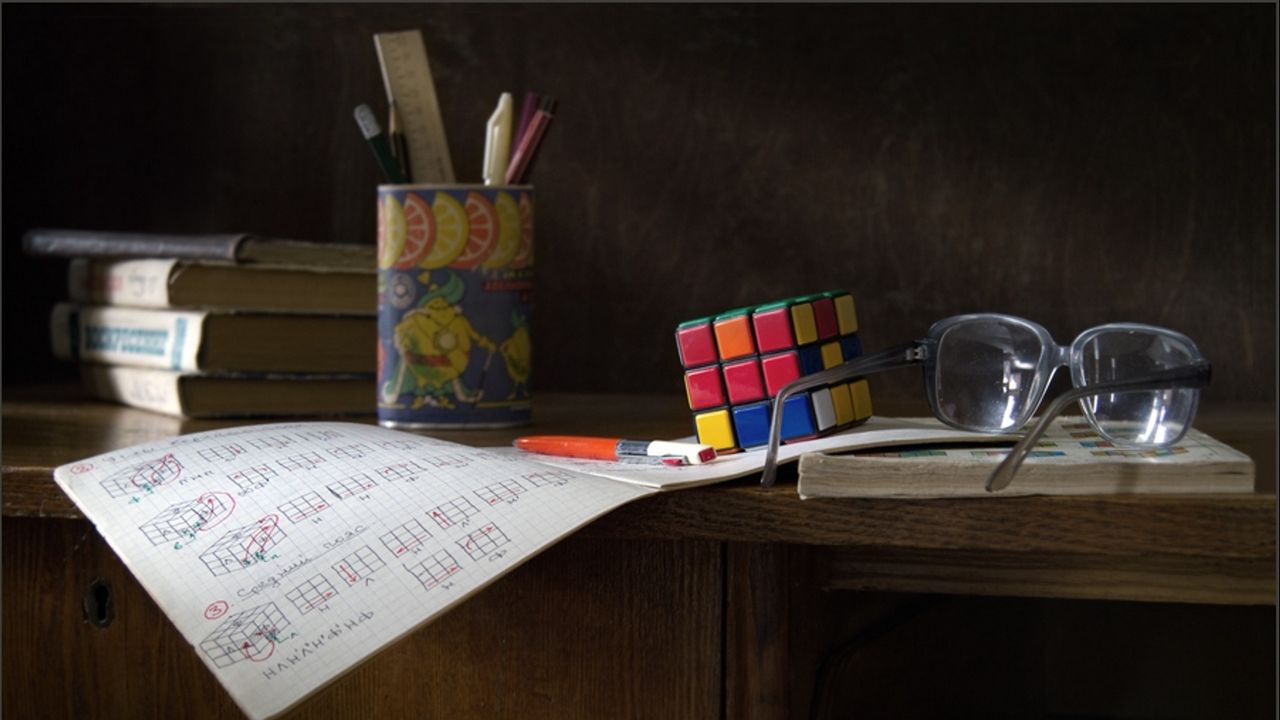 Wallpaper desk, glasses, instruction, rubiks cube