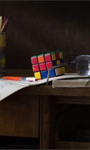 Preview wallpaper desk, glasses, instruction, rubiks cube