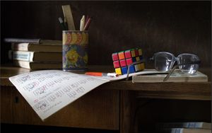 Preview wallpaper desk, glasses, instruction, rubiks cube