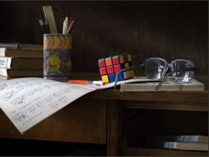 Preview wallpaper desk, glasses, instruction, rubiks cube