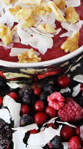Preview wallpaper dessert, berries, raspberries, blackberries, cereal, nuts