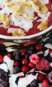 Preview wallpaper dessert, berries, raspberries, blackberries, cereal, nuts