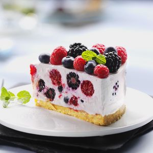 Preview wallpaper dessert, cake, raspberries, sweet, fruit, blueberry, black currant, food, cream