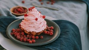 Preview wallpaper dessert, cupcake, cream, raspberries, berries