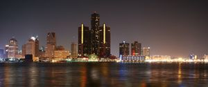 Preview wallpaper detroit, skyscrapers, night, river