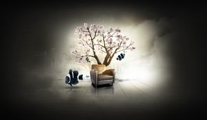 Preview wallpaper dilshan arukatti, immersive-garden, tree, chair, fish, fishes, cherry