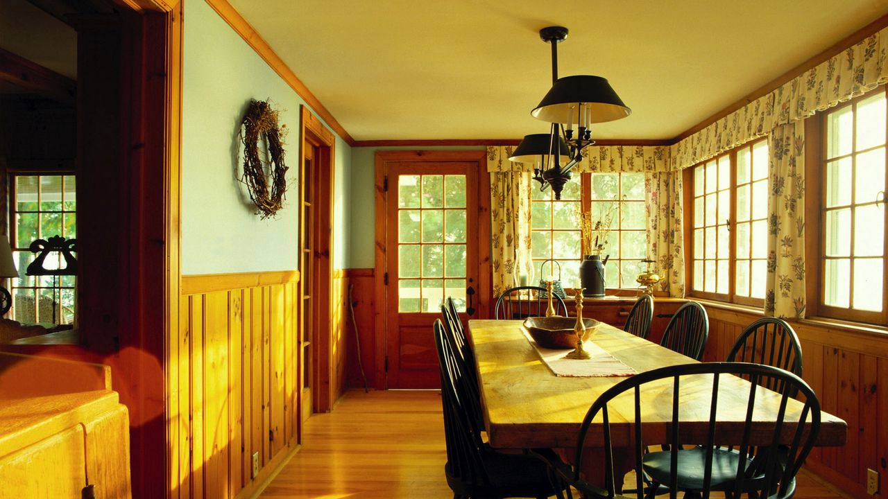 Wallpaper dining room, furniture, table, light, wood