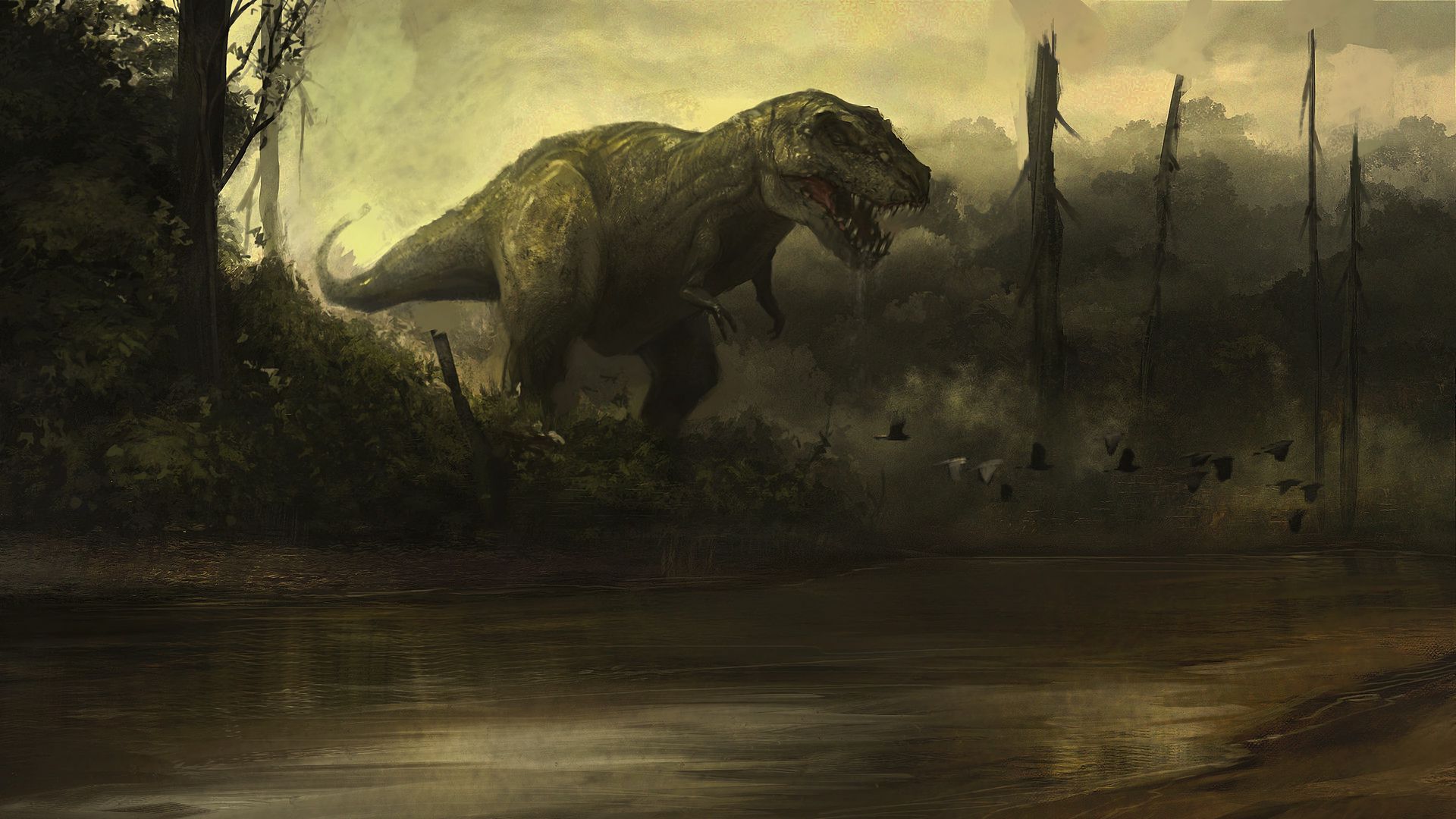 Download wallpaper 1920x1080 dinosaur, fangs, aggression full hd, hdtv,  fhd, 1080p hd background