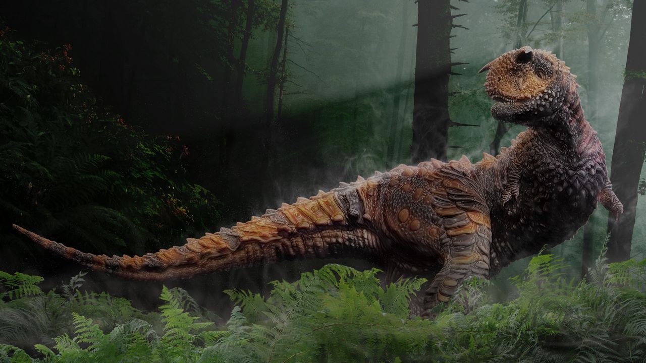 Wallpaper dinosaur, grass, trees, reptiles, mesozoic era