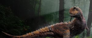Preview wallpaper dinosaur, grass, trees, reptiles, mesozoic era