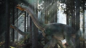 Preview wallpaper dinosaur, mesozoic era, walk, forest