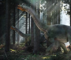 Preview wallpaper dinosaur, mesozoic era, walk, forest