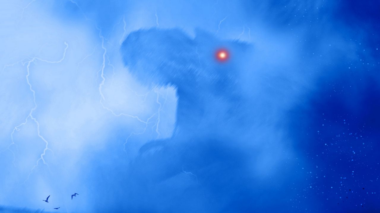 Wallpaper dinosaur, monster, silhouette, art, fog, lightning