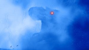 Preview wallpaper dinosaur, monster, silhouette, art, fog, lightning