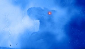 Preview wallpaper dinosaur, monster, silhouette, art, fog, lightning