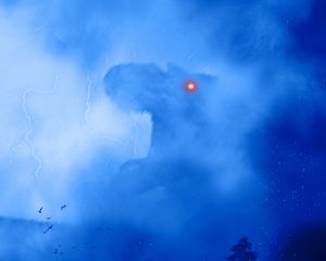 Preview wallpaper dinosaur, monster, silhouette, art, fog, lightning