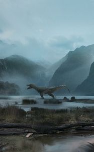 Preview wallpaper dinosaur, mountains, art