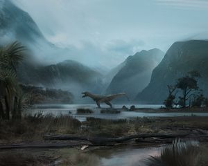 Preview wallpaper dinosaur, mountains, art