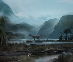 Preview wallpaper dinosaur, mountains, art