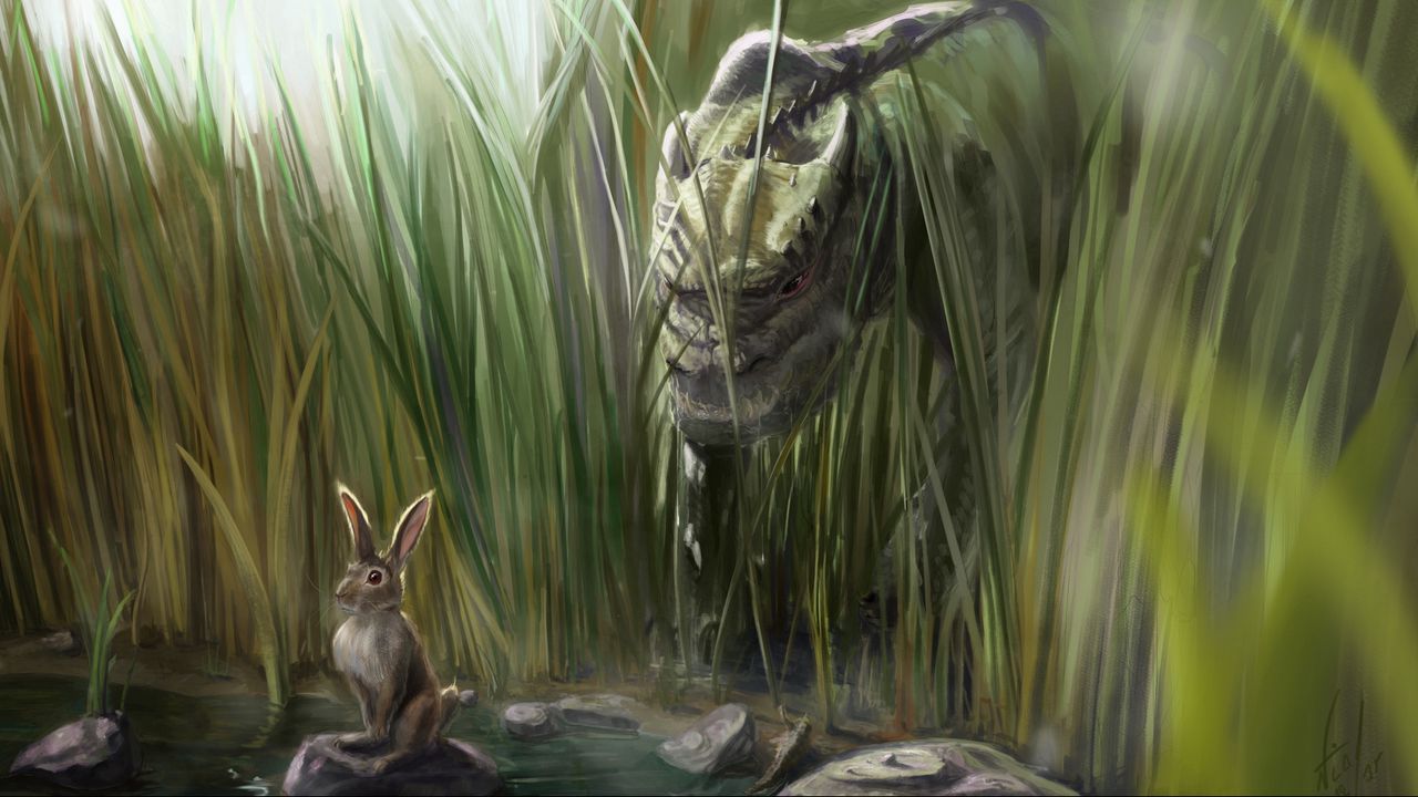 Wallpaper dinosaur, rabbit, grass, art, stones