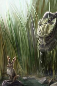 Preview wallpaper dinosaur, rabbit, grass, art, stones