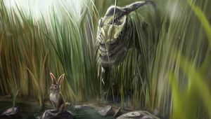 Preview wallpaper dinosaur, rabbit, grass, art, stones