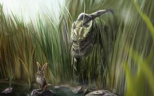 Preview wallpaper dinosaur, rabbit, grass, art, stones