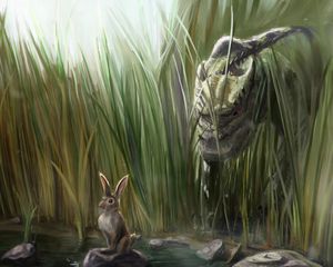 Preview wallpaper dinosaur, rabbit, grass, art, stones