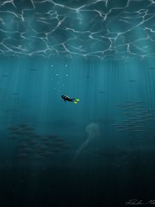 Preview wallpaper diver, diving, sea, depth, underwater world, art