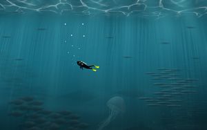 Preview wallpaper diver, diving, sea, depth, underwater world, art