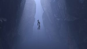 Preview wallpaper diver, rocks, underwater, dark, art