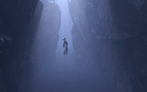 Preview wallpaper diver, rocks, underwater, dark, art