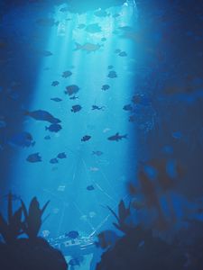 Preview wallpaper diving, under water, ray of light, depth, fish, bottom