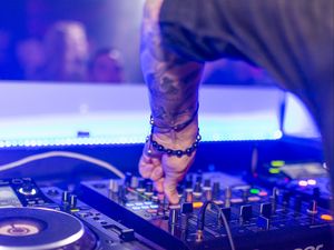 Preview wallpaper dj, mix, hand, remote, mixing desk, buttons, tattoo, bracelet, party