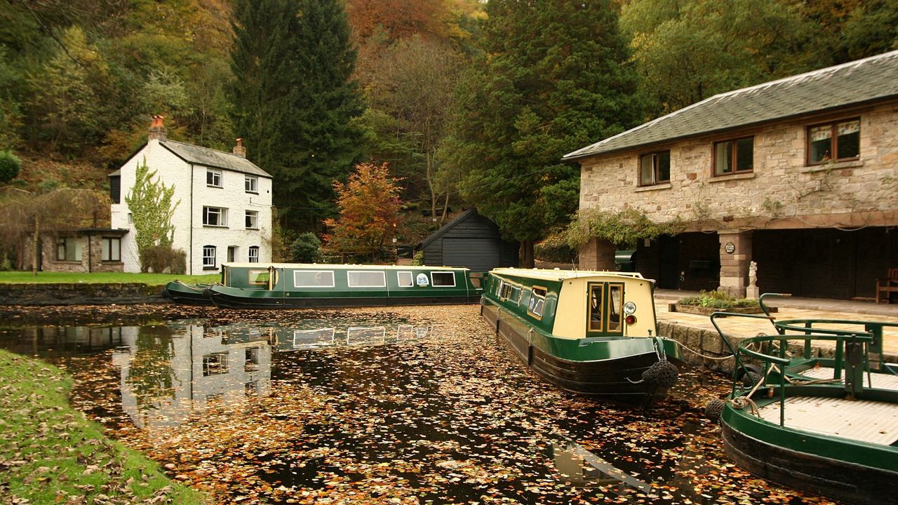 Wallpaper dock, boats, walking, river, leaves, autumn
