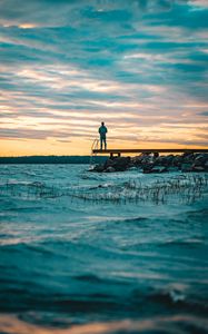 Preview wallpaper dock, pier, loneliness, lake, man, snow