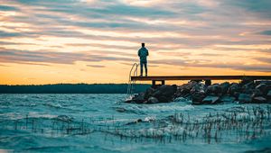 Preview wallpaper dock, pier, loneliness, lake, man, snow