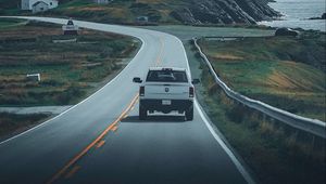 Preview wallpaper dodge, car, pickup, white, road, landscape