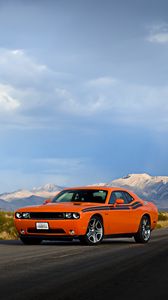 Preview wallpaper dodge, challenger, cars, side view, road, sky